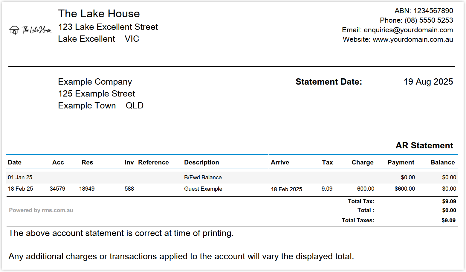 Sample AR Statement in RMS for a selected Company or Travel Agent, listing tax invoices within the chosen date range with invoice numbers, dates, descriptions, amounts, outstanding balances, and a brought-forward balance summary at the top or bottom of the statement