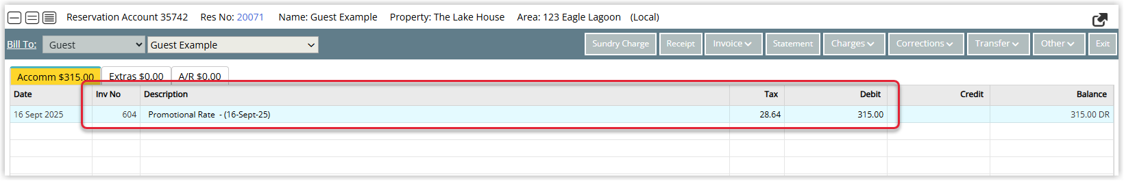 Screenshot of a Reservation Account screen in RMS showing accommodation charges that have already been included on a Tax Invoice, indicated by locked transactions, where further changes or rate recalculation are blocked until the Tax Invoice is cancelled.