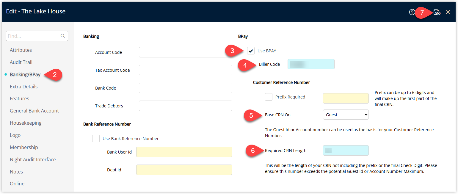 Annotated screenshot of the Banking/BPay tab in the Edit Property window in RMS highlighting the Use BPAY checkbox, Biller Code, Customer Reference Number options and the Save/Exit icon