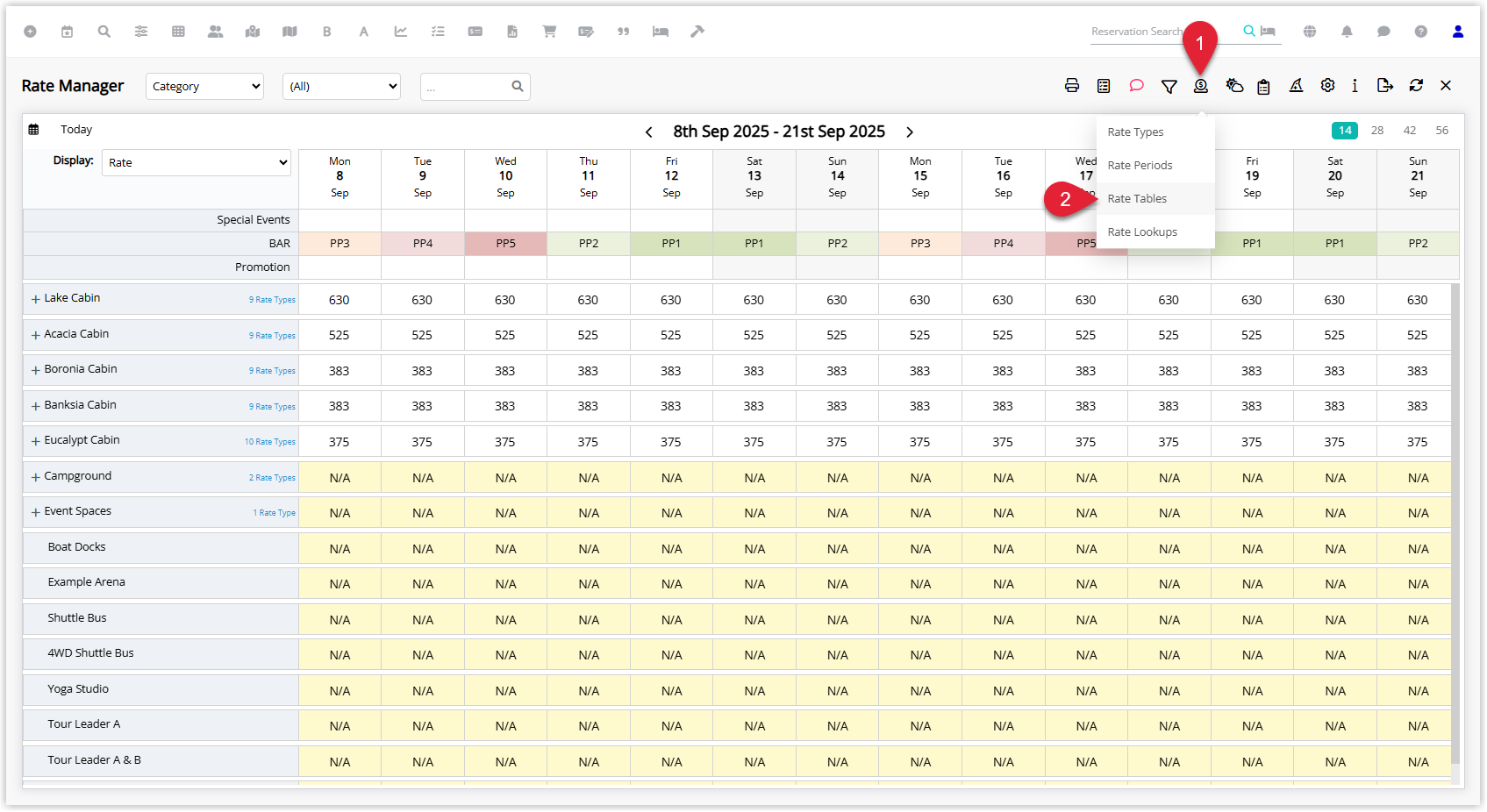 Annotated screenshot of the Rate Manager in RMS showing the Rates dropdown menu with Rate Tables highlighted