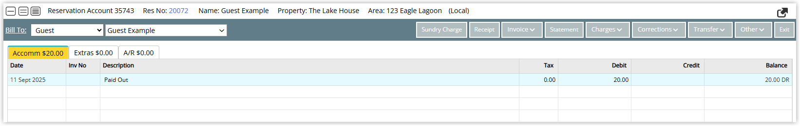 Screenshot of the guest account in RMS showing the Paid Out expense charge posted to the reservation