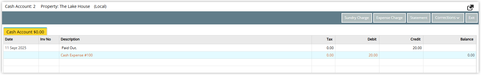 Screenshot of the Cash Account in RMS showing the corresponding cash expense for the paid out