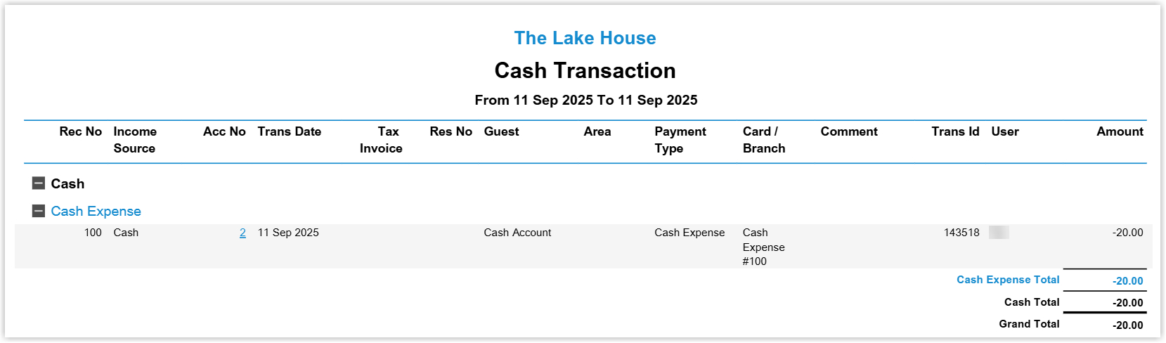 Screenshot of the Cash Transaction report in RMS showing the cash expense entry for the paid out