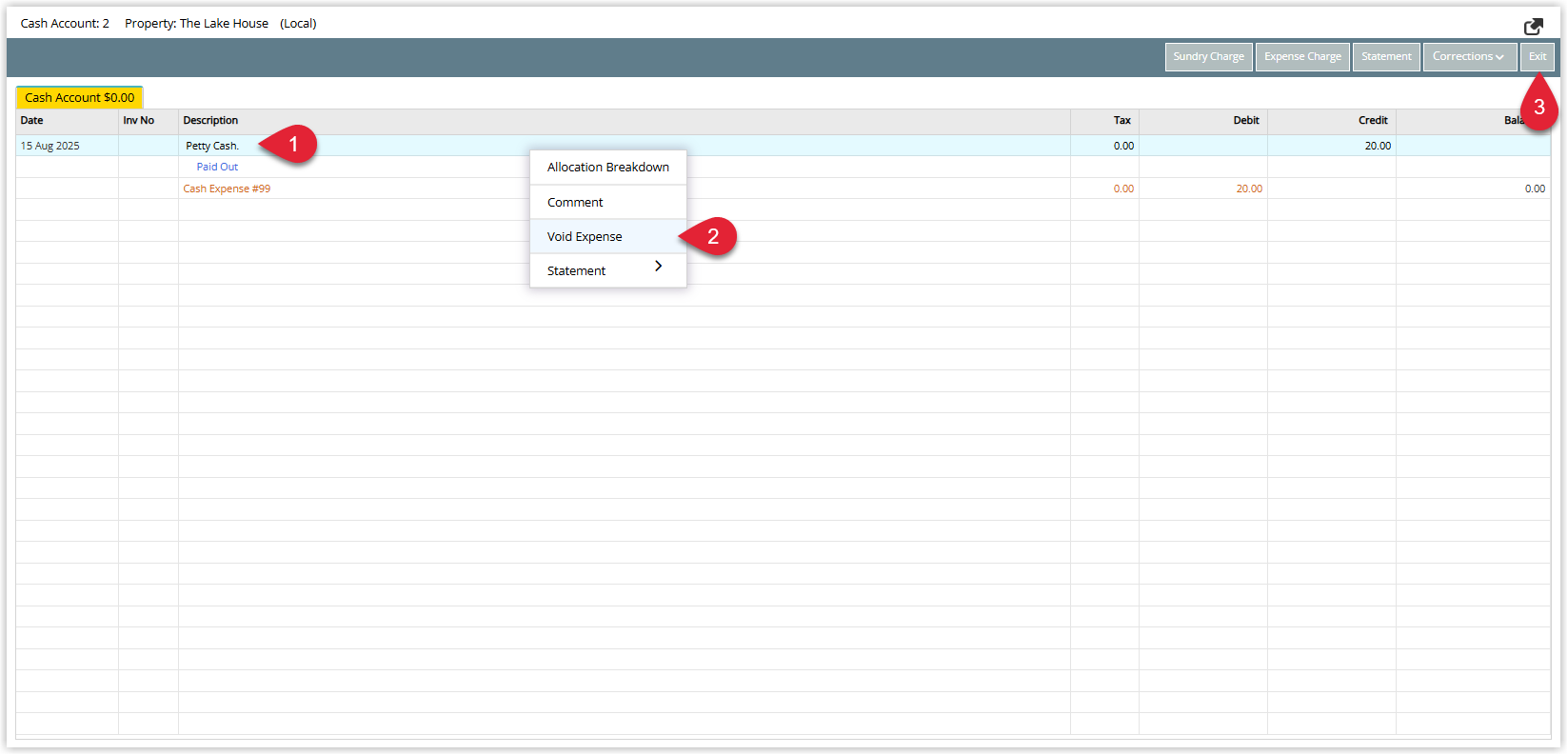 Annotated screenshot of a cash account in RMS with the expense charge context menu open and Void Expense highlighted