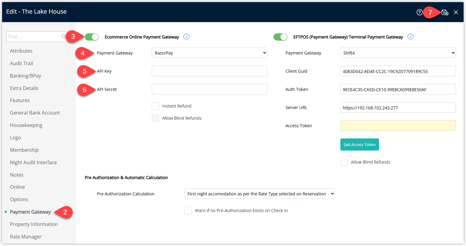 Edit Property screen in RMS with the ‘Payment Gateway’ tab selected. The Ecommerce toggle is turned on, ‘Razorpay’ is chosen as the Payment Gateway, and fields for Razorpay API Key and API Secret Key are completed. An optional ‘Instant Refund’ checkbox is visible, and the Save/Exit button is available to apply the Razorpay configuration.