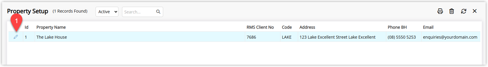 RMS Property Information list showing existing properties with an Edit icon beside each row. One property’s Edit icon is highlighted to indicate where to click to open the property and configure the Razorpay payment gateway.