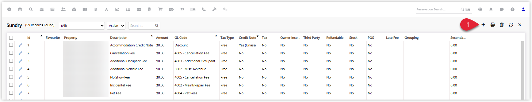 Annotated screenshot of the Sundry list in RMS showing active sundry charges with the Add button highlighted