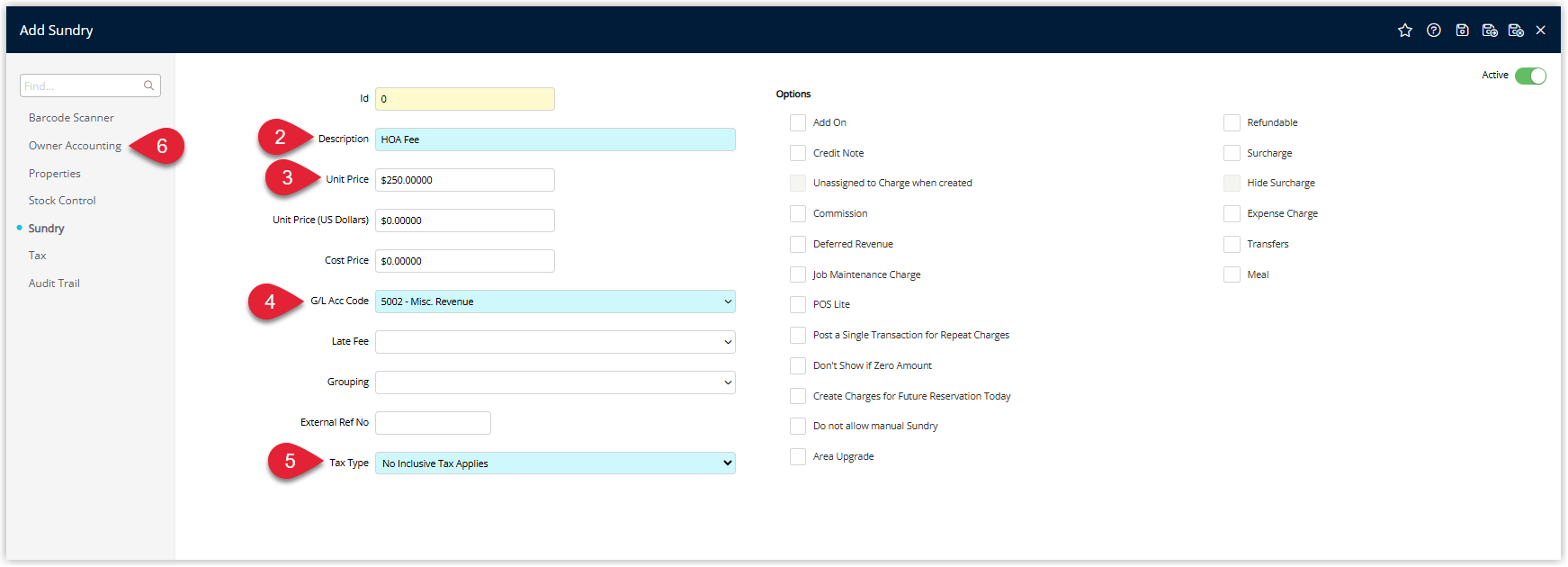 Annotated screenshot of the Add Sundry screen in RMS showing the Description set to HOA Fee, the Unit Price, G/L Acc Code, and Tax Type fields configured