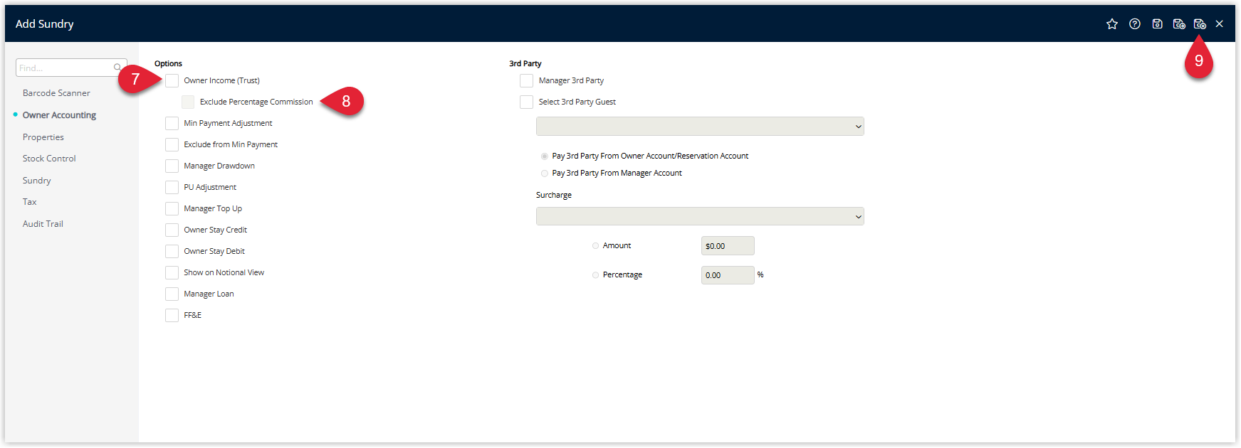 Annotated screenshot of the Add Sundry Owner Accounting screen in RMS showing the Owner Income (Trust) and other owner accounting options with the save button highlighted
