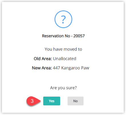 Screenshot of a confirmation dialog in RMS that appears after dropping a reservation onto an area on the Booking Chart, asking the user to confirm the new area allocation.