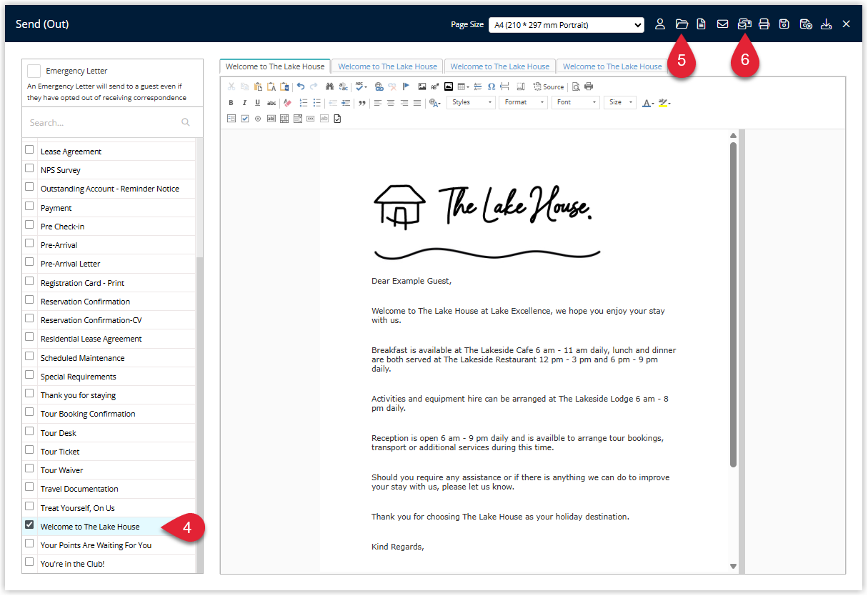 Send Letter window with an in-house Form Letter selected and Email All button highlighted.