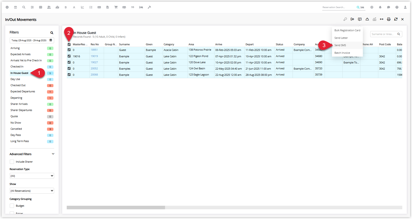 In/Out Movements screen with All Reservations selected and the Send SMS option highlighted.