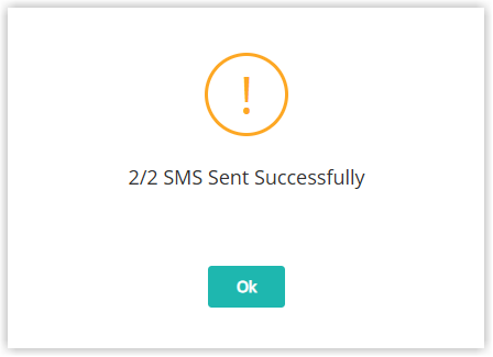 SMS confirmation pop‑up showing the number of messages sent.
