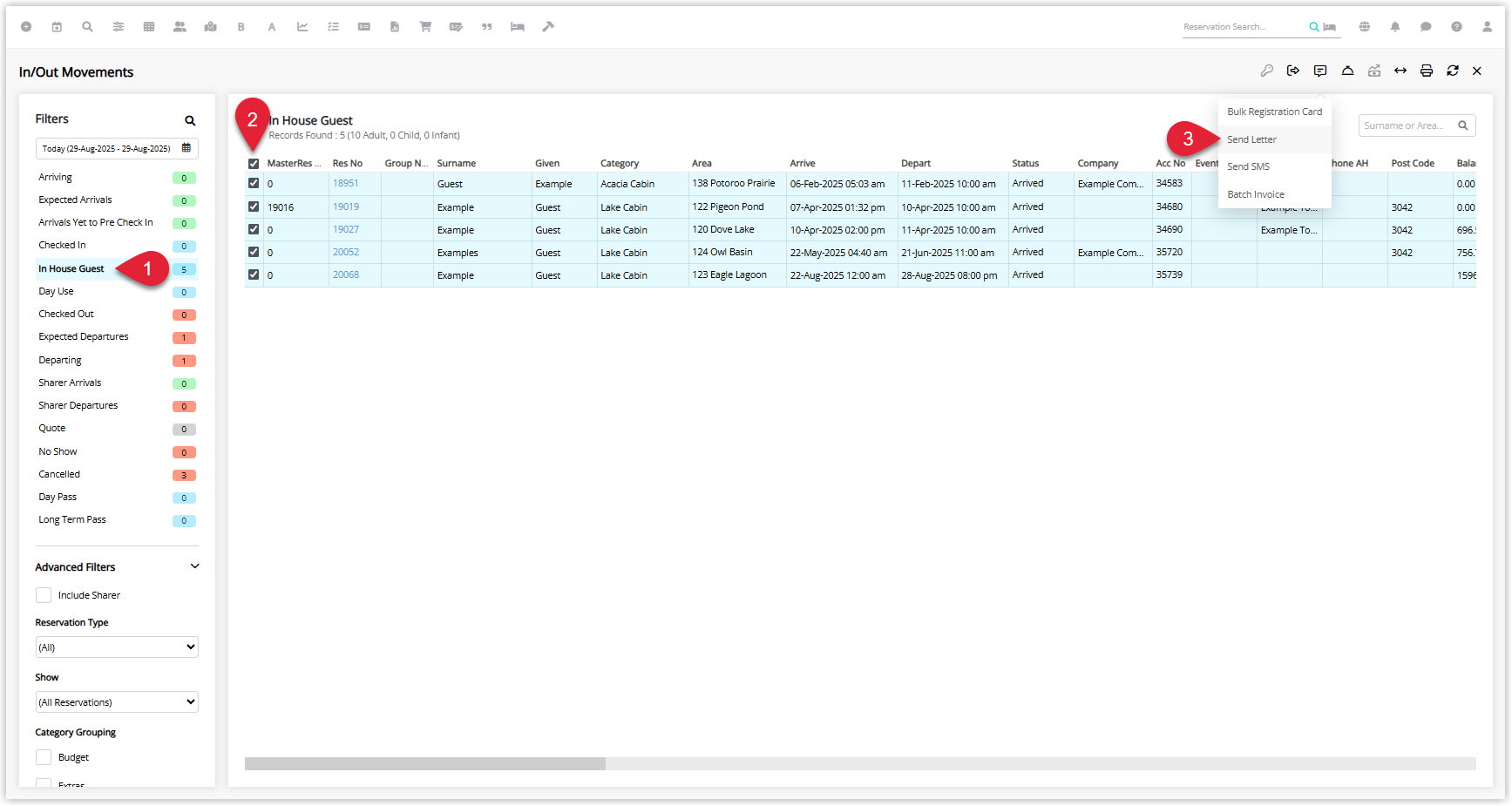 In/Out Movements screen with All Reservations selected and the Send Letter option highlighted.
