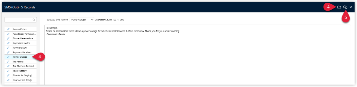 Send SMS window with an SMS template selected and Send All SMS button highlighted.