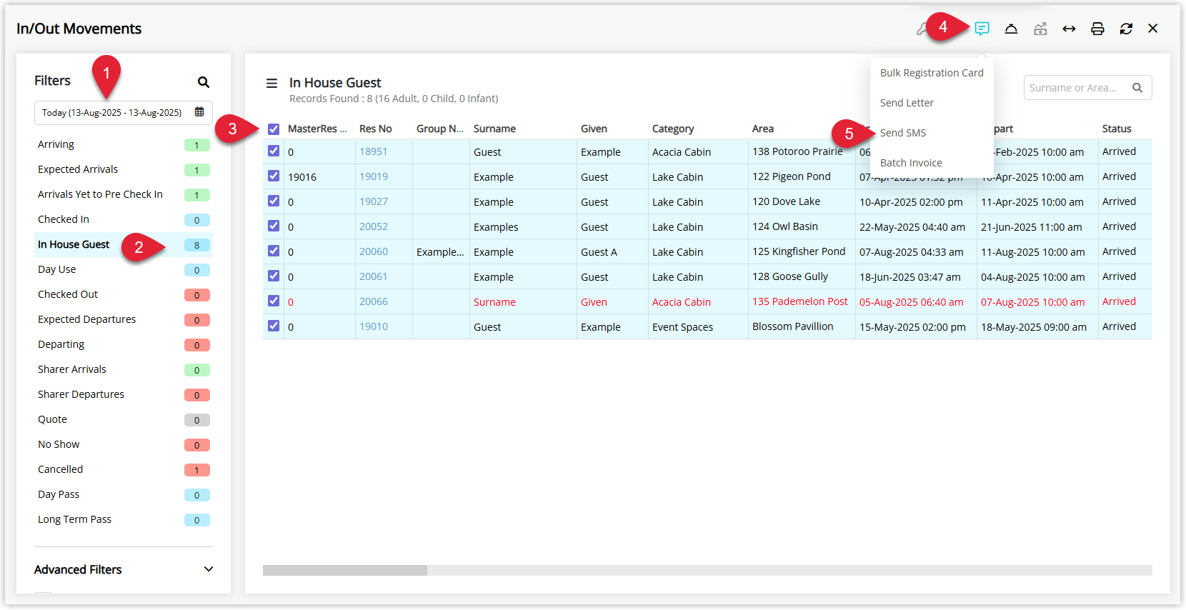 RMS In/Out Movements screen showing a selected date and view, multiple reservations listed with at least one checkbox ticked, and the Correspondence menu open with the Send SMS option selected to start sending a bulk SMS.