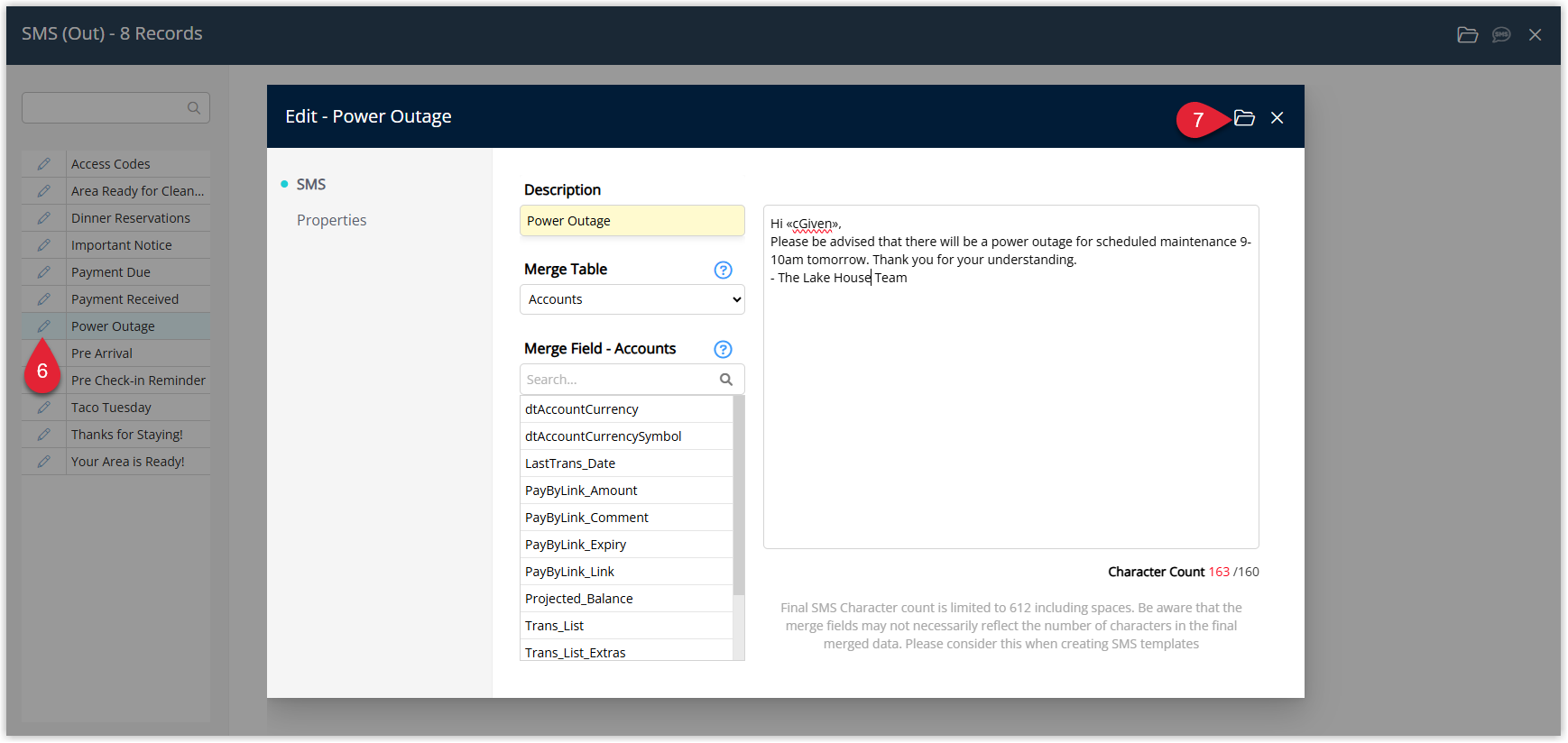 RMS Send SMS window displaying a list of SMS templates with one template highlighted, an Edit option available to change the SMS text, and the Open button selected to use the chosen template for the selected reservations.