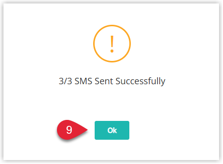 RMS confirmation dialog asking to confirm sending SMS messages to multiple guests, with the OK button highlighted to proceed with sending.