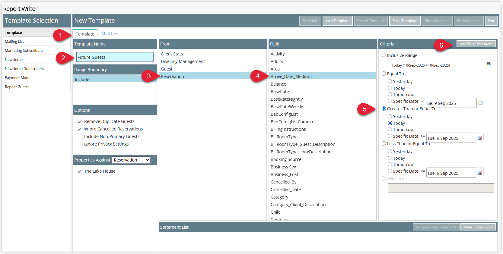 Annotated screenshot of the Report Writer template screen in RMS highlighting the Mailing List category, template name, From and Field selections, date criteria and the Add This Statement button