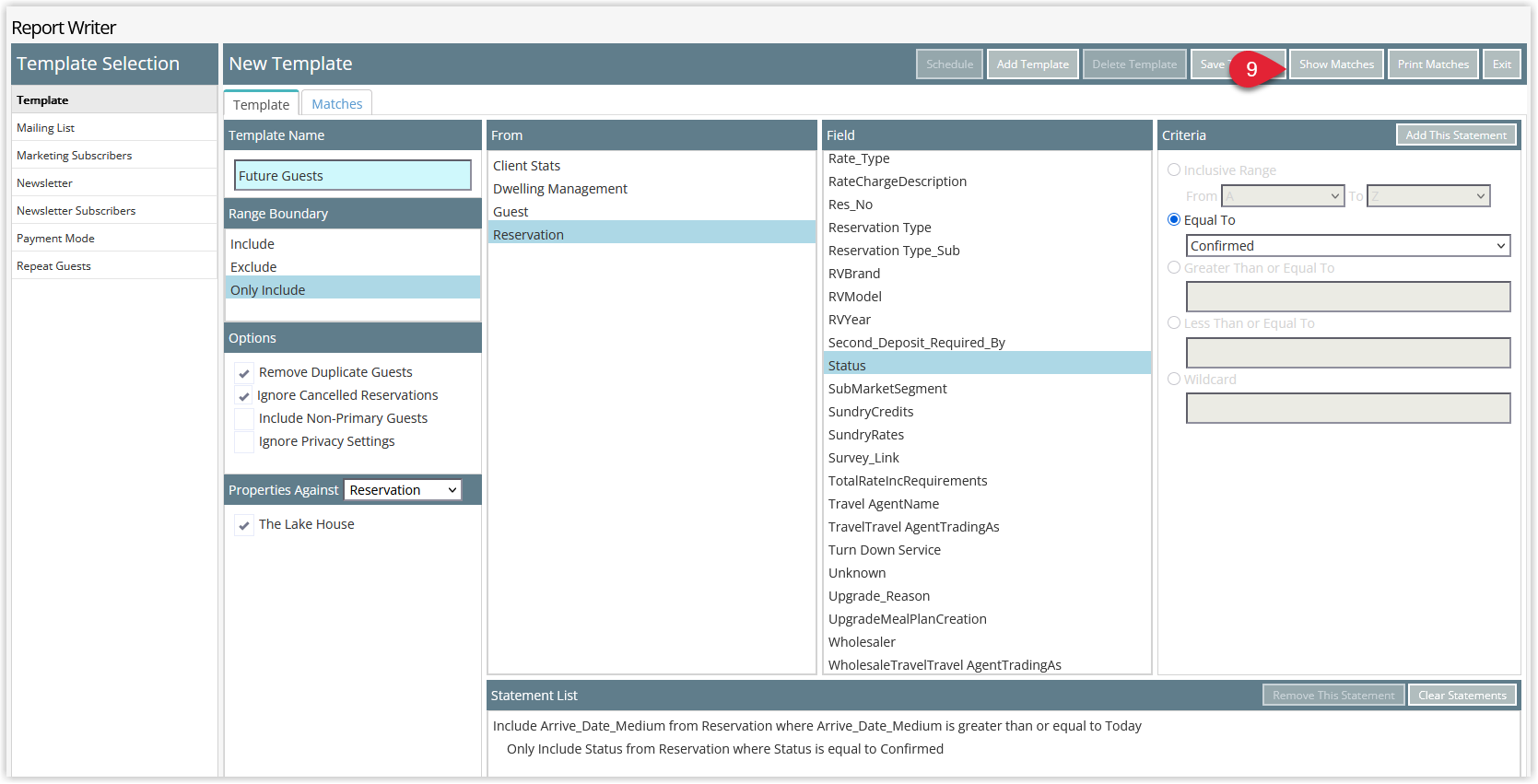 Annotated screenshot of the Report Writer template screen in RMS highlighting the Show Matches button