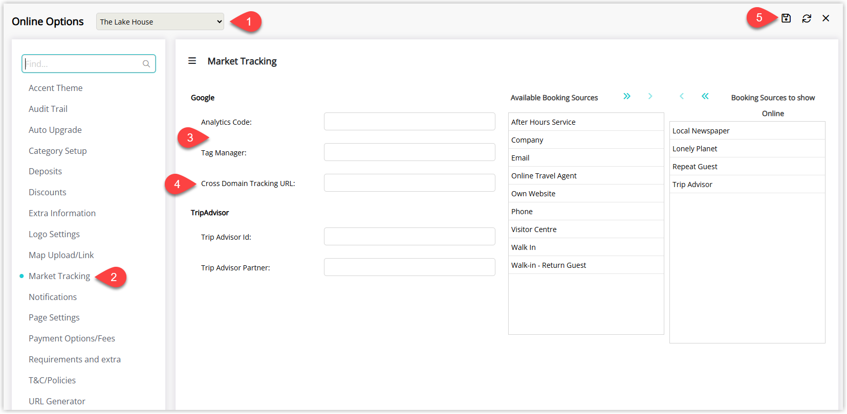 RMS Online Options screen for the Booking Engine with a Property selected and the Market Tracking tab open, showing fields populated with a Google Analytics 4 code or Google Tag Manager code and a Cross Domain Tracking URL, and the Save button highlighted to enable market tracking for the RMS Booking Engine.