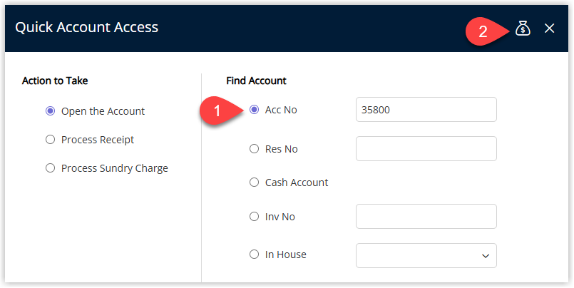 RMS Quick Account Access screen showing the Account Number field populated and the Go to Account button highlighted to open the reservation account that contains the tax invoice.