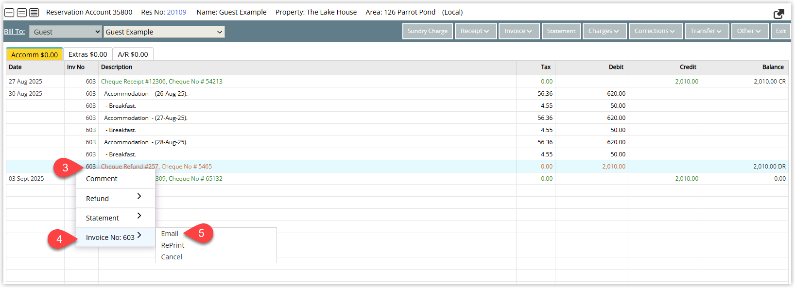 RMS account transactions list with an invoiced transaction highlighted, the right‑click context menu open to the Invoice submenu, and the Email option selected to resend the tax invoice by email.