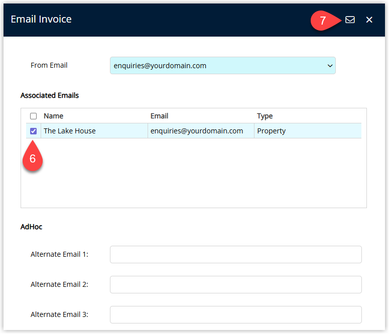 RMS Email Invoice window displaying the selected tax invoice, a list of available email recipients with checkboxes, To/CC fields populated, and the Email/Exit button highlighted to send the tax invoice.
