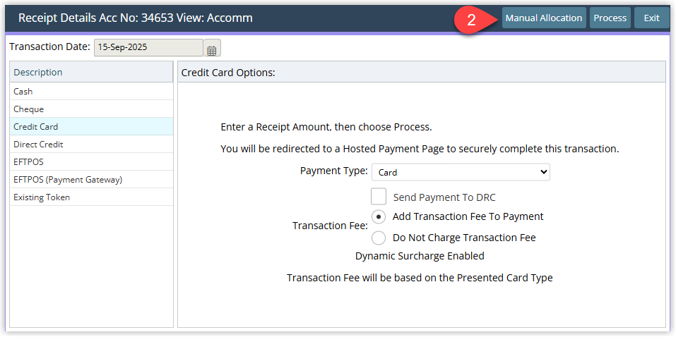 Receipt posting window in RMS with the Manual Allocation option selected to allow choosing specific charges for the payment