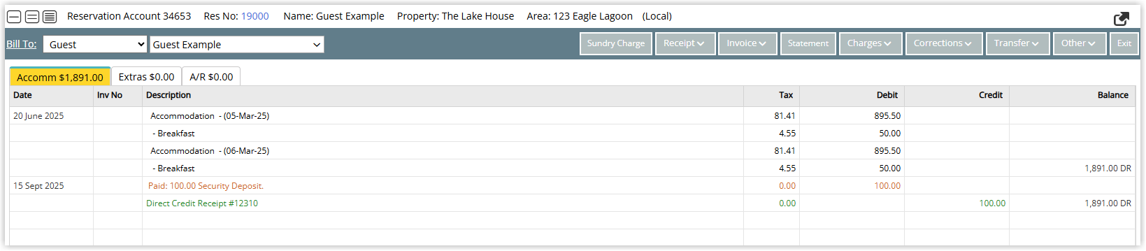 Account transactions list in RMS displaying a Refundable Charge line highlighted in orange with a PAID indicator and the paid amount shown in the balance column