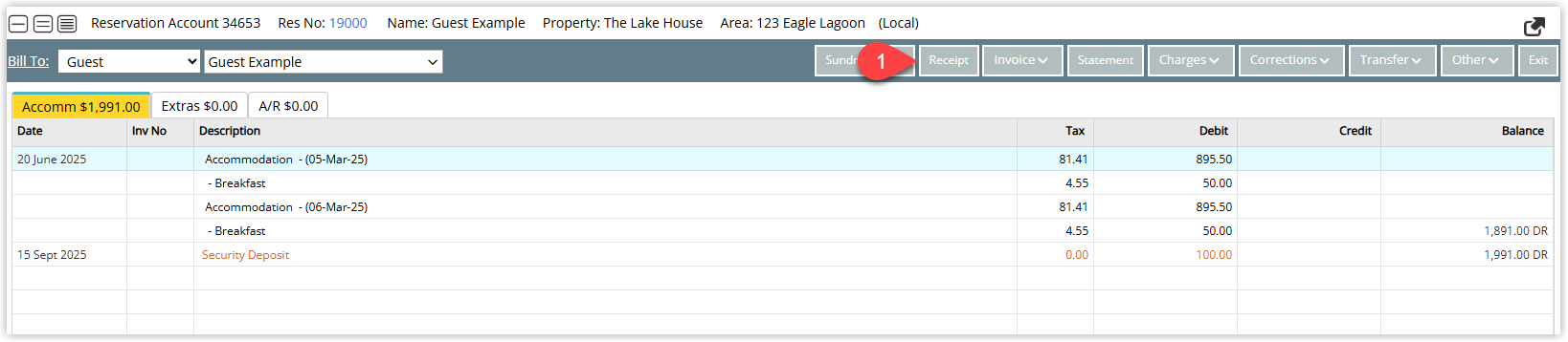 Reservation or Guest Account screen in RMS showing the account transactions with a Receipt button or menu option highlighted to begin posting a payment