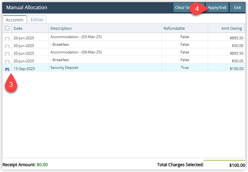 Manual Allocation screen listing all outstanding charges on the account with checkboxes or selection markers to choose which charges to pay and an Apply/Exit button to confirm the allocation