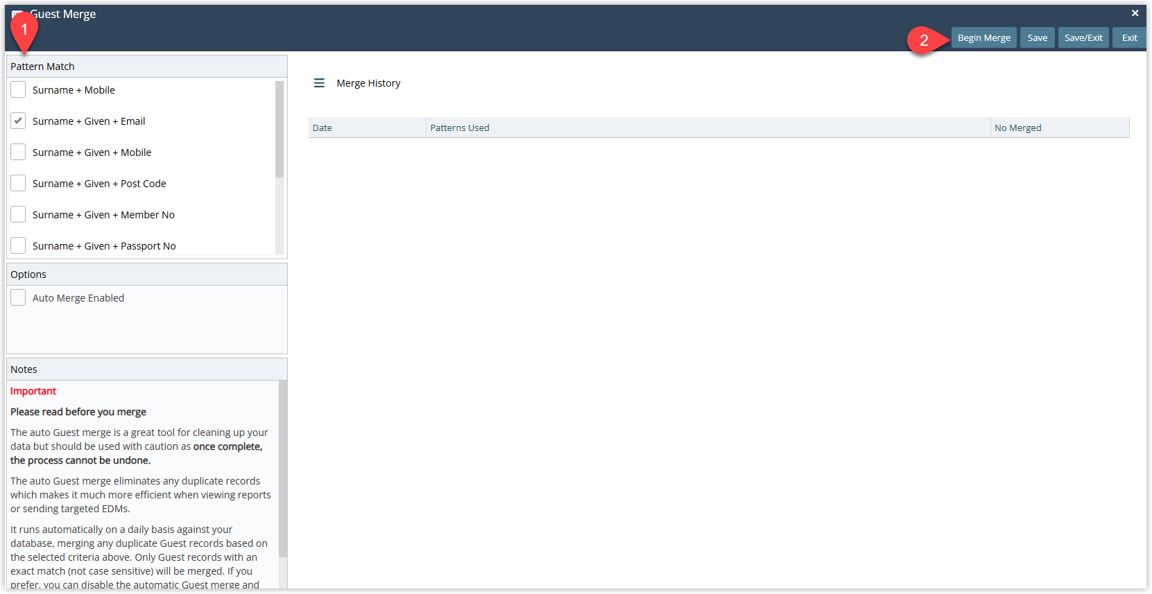 RMS Guest Merge screen showing Pattern Match options, the optional Auto Merge Enabled checkbox, and the Begin Merge button selected to start merging duplicate guest profiles.