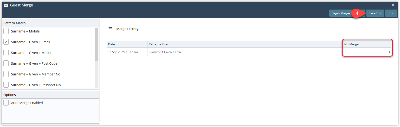 RMS Guest Merge results screen showing a summary count of guest profiles merged and a Save/Exit button to close the utility and return to RMS.