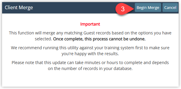 RMS Guest Merge confirmation window displaying a disclaimer that the merge process cannot be reversed, with a Begin Merge button to proceed and a Cancel button to abort.