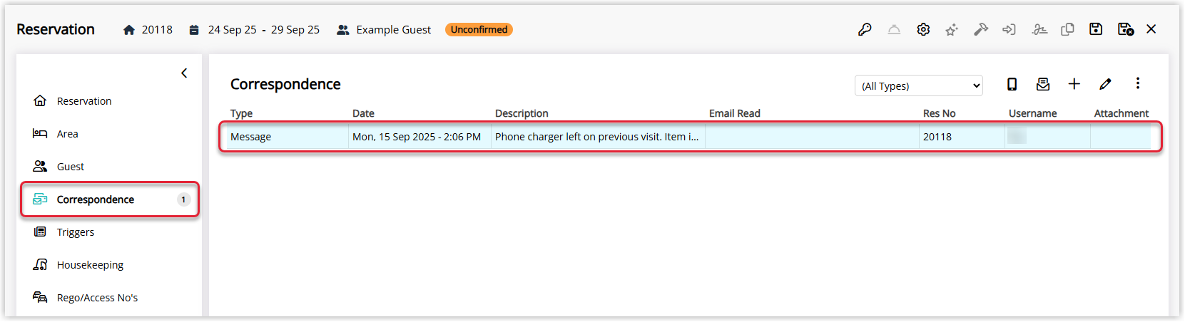 Screenshot of the Correspondence tab on a reservation in RMS showing a list entry for the internal message, including the date, time, sender and Notify On setting.