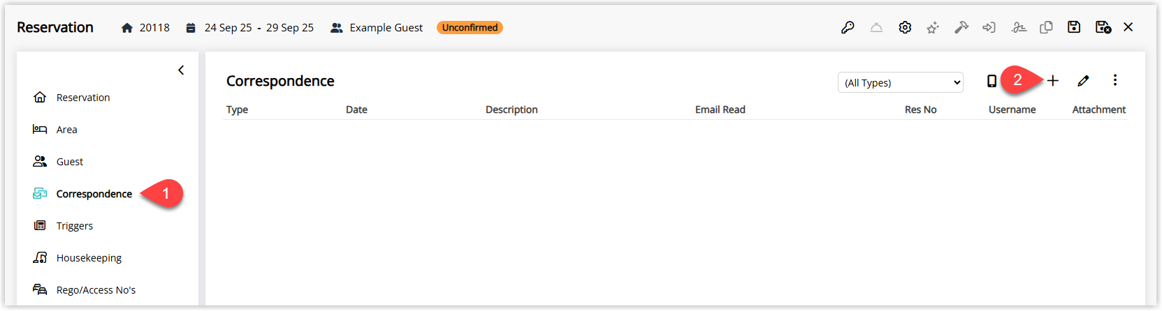 Screenshot of a reservation in RMS with the Correspondence tab selected and the Message button highlighted to create a new internal reservation message.