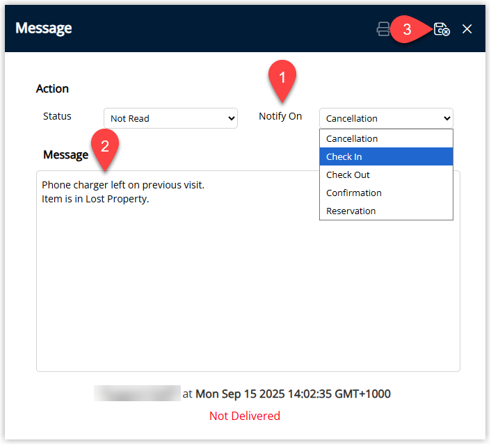 Screenshot of the New Message window in RMS showing Notify On options such as Reservation, Check In, Check Out, Cancellation and Confirmation, a text box containing the message to other users and the Save/Exit button highlighted.