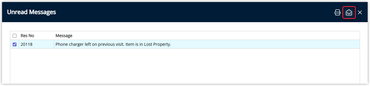 Screenshot of the reservation Correspondence tab in RMS with a message selected and the Mark as Read option highlighted, showing how users clear a pending reservation message.