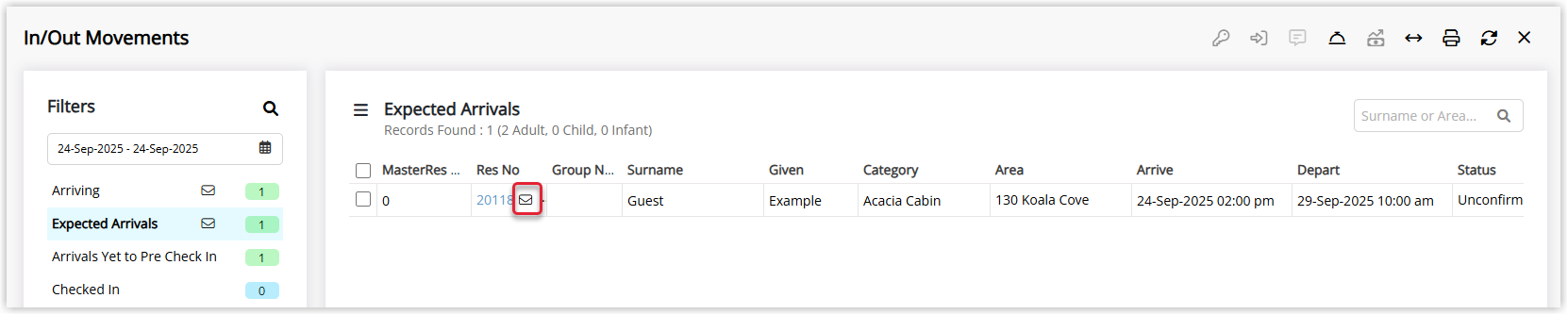Screenshot of the In/Out Movements screen in RMS showing a reservation row with a message icon in one of the columns, indicating that there is a pending internal message on this reservation.