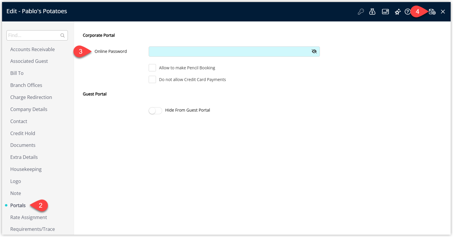 Screenshot of a Company record in RMS with the Portals tab selected, showing the Online Password field populated for Corporate Portal access and an optional “Allow to make Pencil Booking” checkbox, with the Save/Exit button highlighted.
