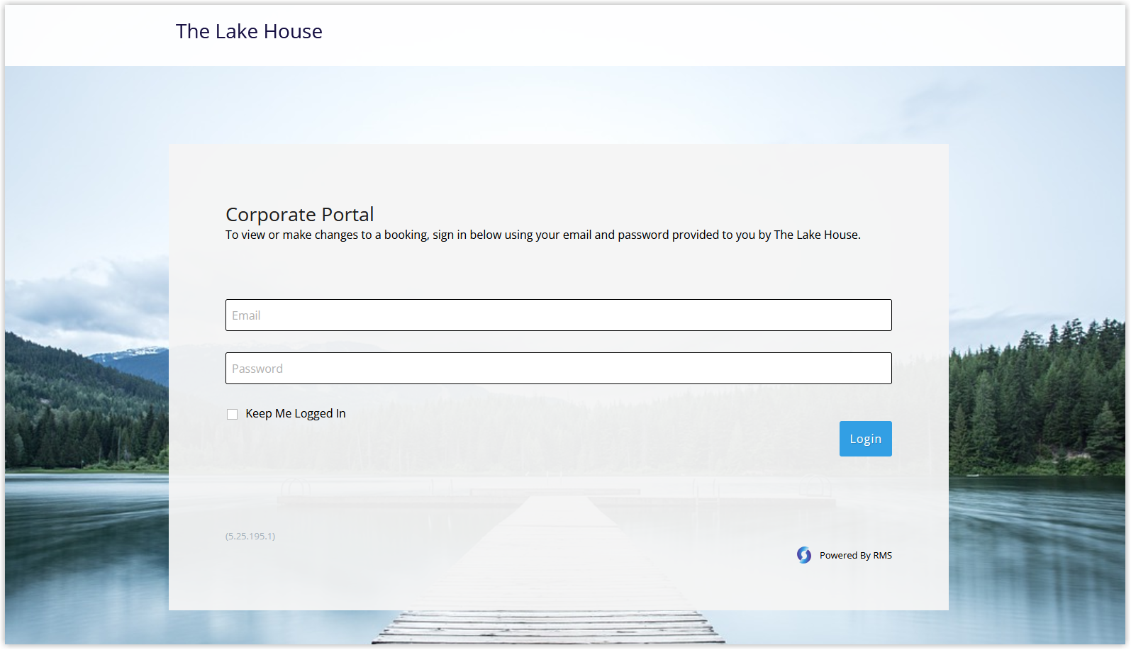 Screenshot of the RMS Corporate Portal login page showing fields for email or username and password, with the URL visible in the browser address bar to illustrate what Companies and Travel Agents will use to log in.