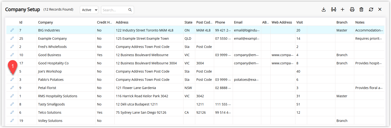Screenshot of the Company (or Travel Agent) list in RMS showing multiple records with one row highlighted and the Edit button selected to open that Company or Travel Agent.