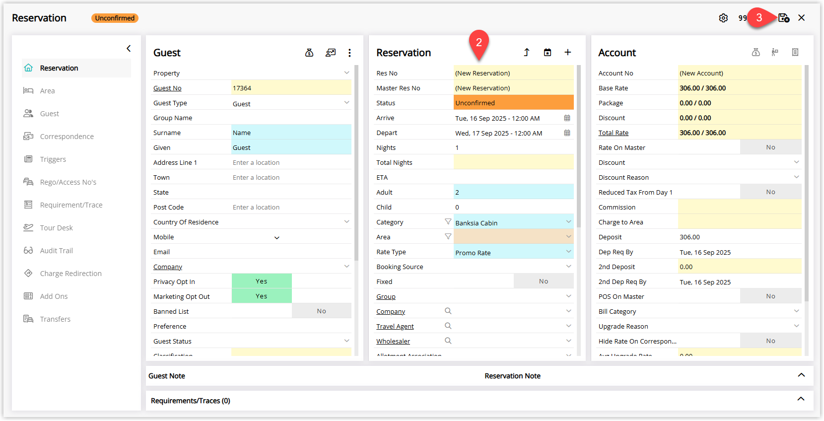 Annotated screenshot of a new reservation in RMS showing the Guest, Reservation, and Account panels populated from the guest profile