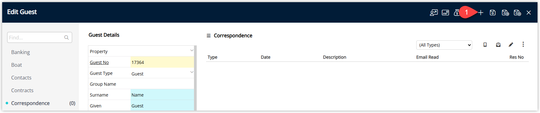 Annotated screenshot of the Edit Guest screen in RMS with the add reservation icon highlighted in the toolbar