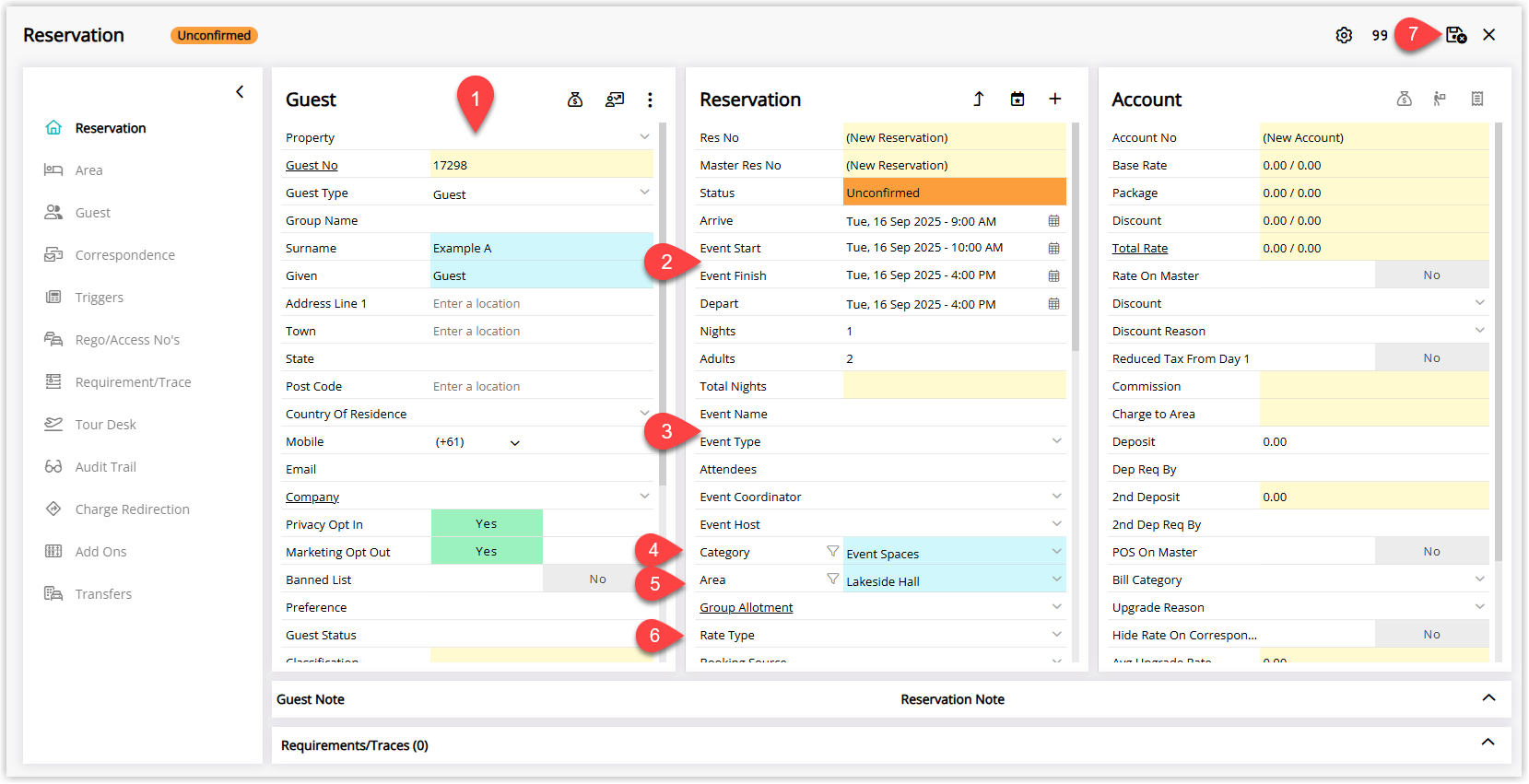 RMS Make Event Reservation screen showing guest details, Arrive and Depart date and time for the event space, Event Start and End date and time within that range, Event Name and details, plus selected Event Category, Event Area, and Event Rate Type, with Save/Exit chosen to create the event reservation.