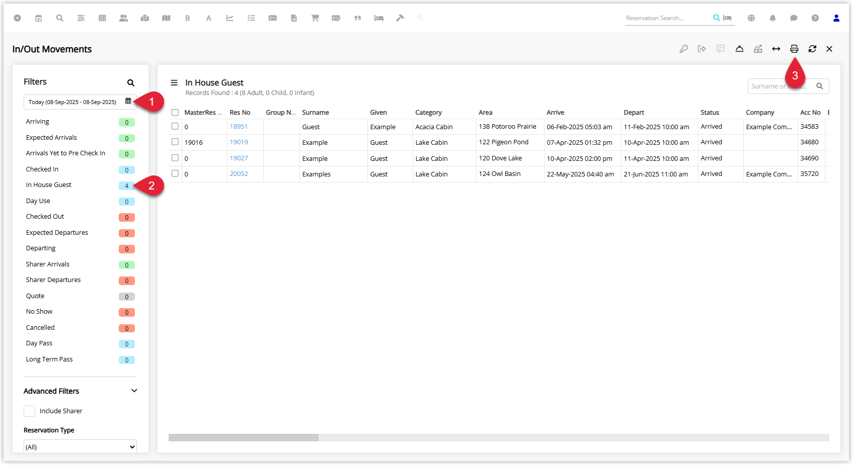 Annotated screenshot of the In/Out Movements screen in RMS showing the filters panel with the date range, the In House Guest filter, and the Print button highlighted