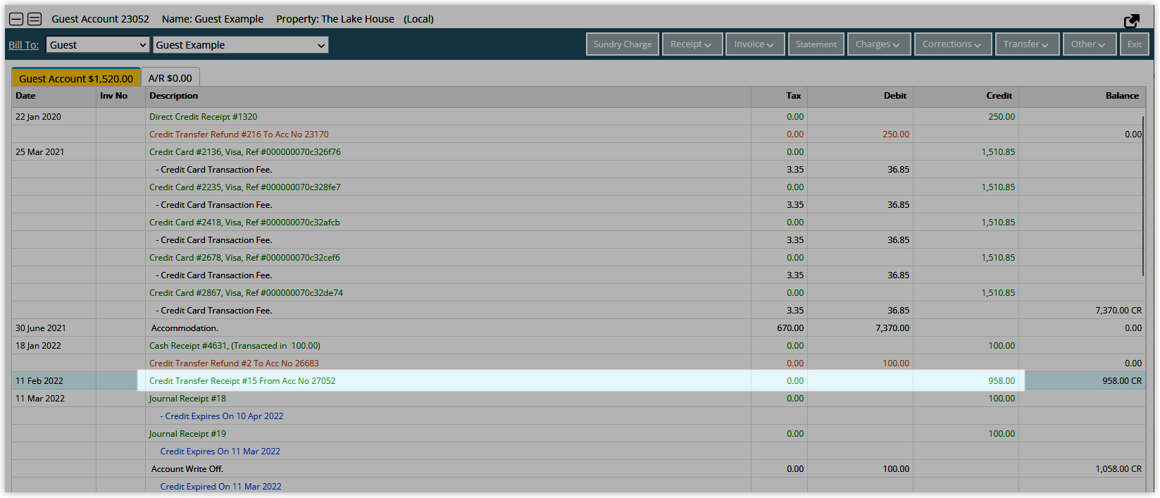 Screenshot of the Guest Account in RMS showing the Credit Transfer Receipt transaction that arrived from the source account