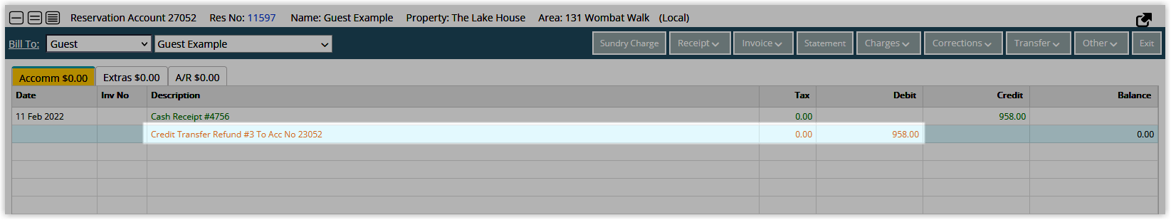 Screenshot of the Reservation Account screen in RMS showing a Cash Receipt and Credit Transfer Refund transaction on the source account