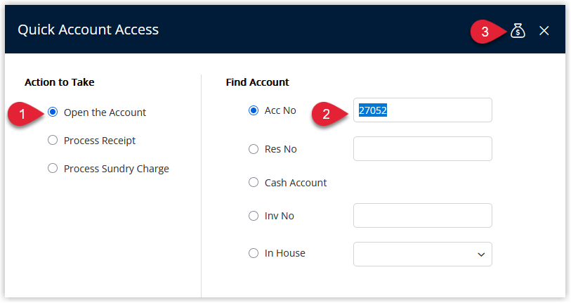 Annotated screenshot of the Quick Account Access dialog in RMS showing Open the Account selected and an account number entered in the Acc No field